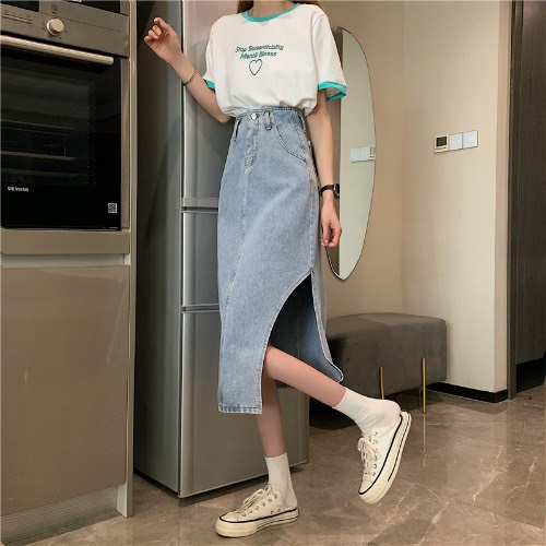 Chân Váy Jeans Dáng Dài Cạp Cao Xẻ Sườn Phong Cách Ulzzang - V4