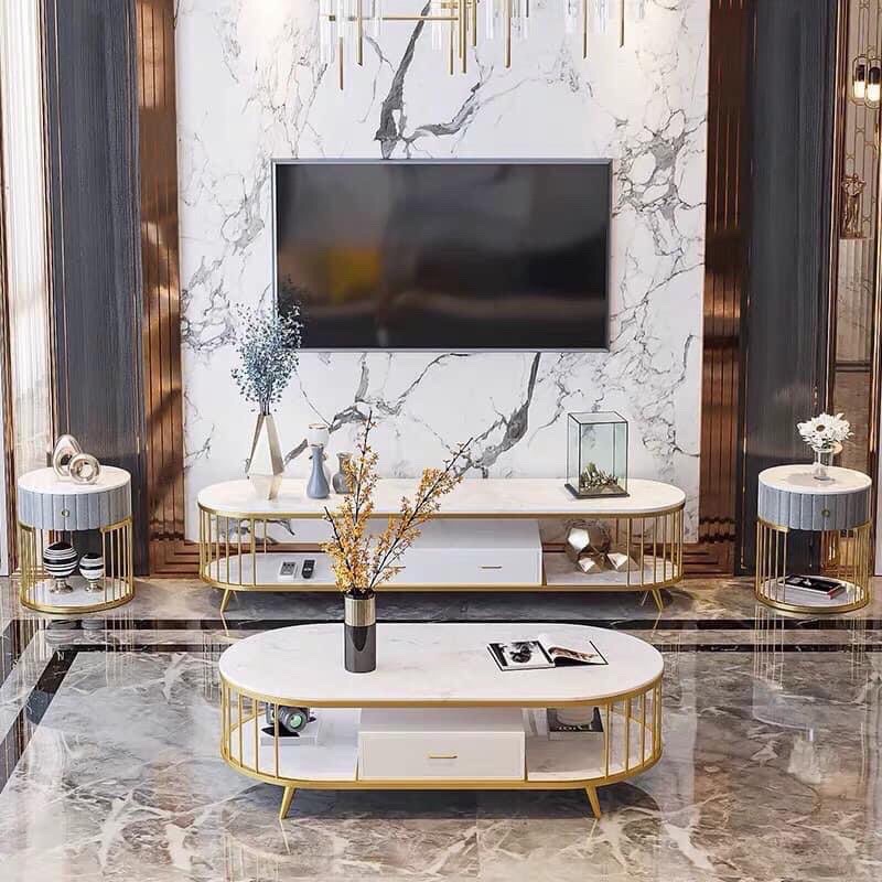 Bàn trà sofa hai tầng mặt đá có ngăn tủ cao cấp - Giá Xưởng
