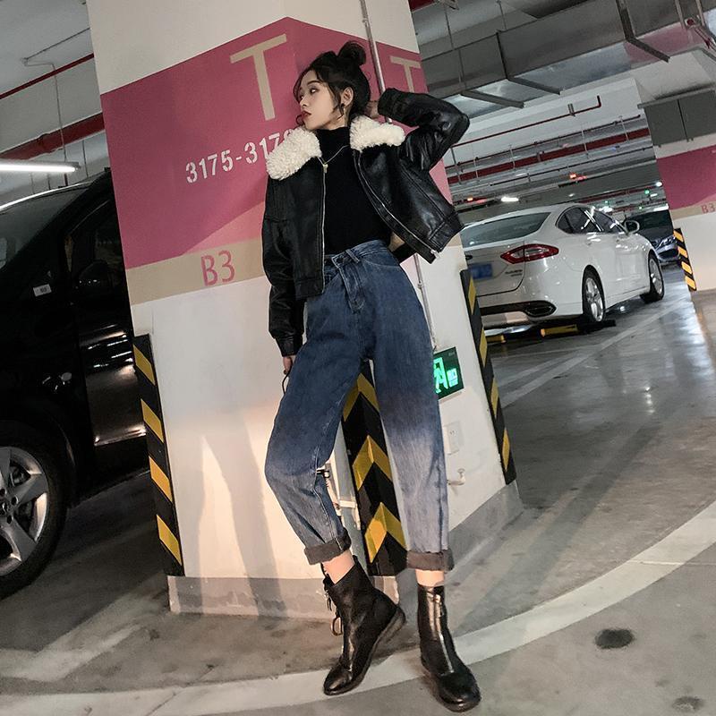 Áo khoác da đen phối lông nhung phong cách vintage Hông Kông thời trang xuân thu cho nữ