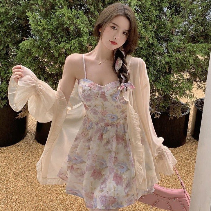 Set Áo Sơ Mi Chống Nắng + Đầm Hai Dây Chiết Eo In Họa Tiết Hoa Phong Cách Pháp Mới Cho Nữ