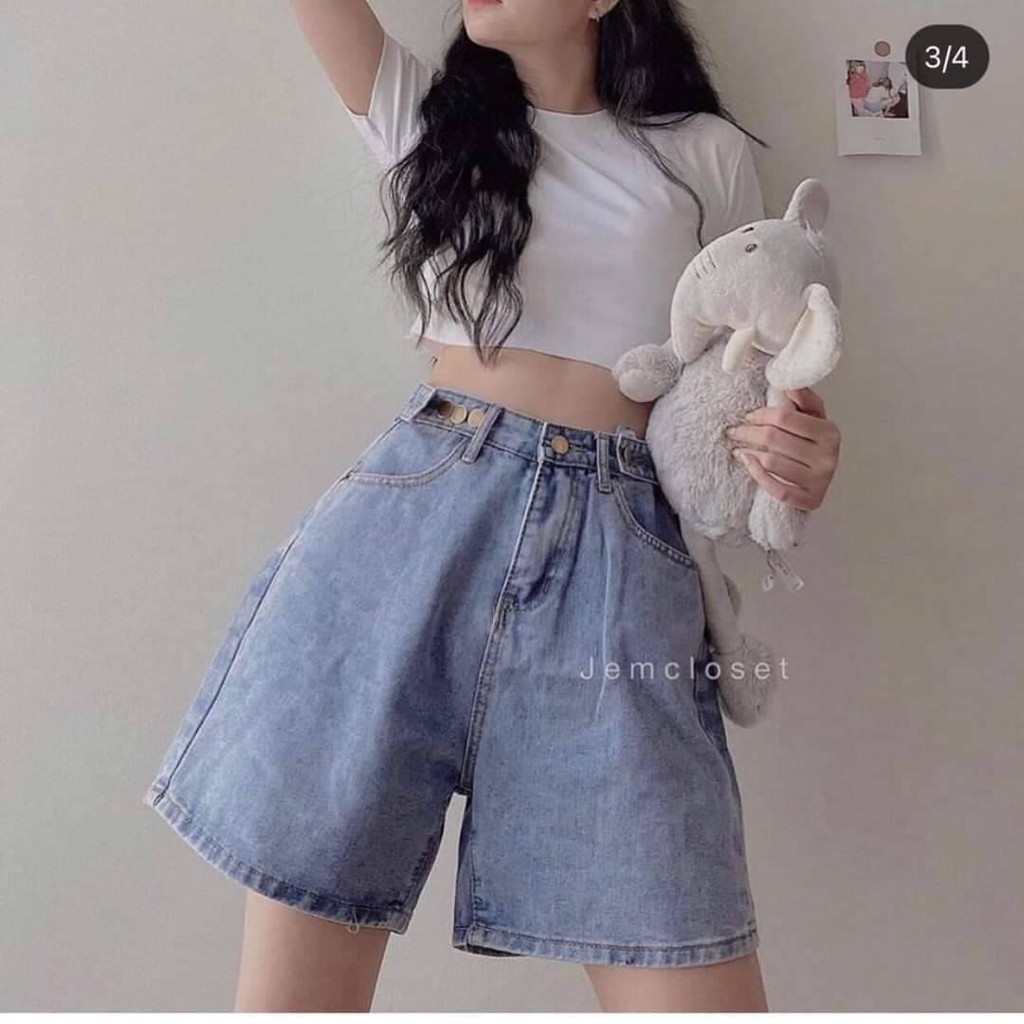 Quần Short Jeans Nữ Ống Rộng Ngố Bò Nút Hông có cúc eo, chất bò mềm mịn