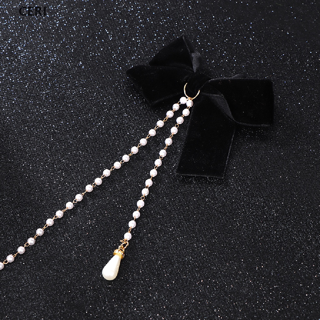 Kẹp Tóc Hình Nơ Bằng Nhung Phối Chuỗi Hạt Ngọc Trai Thời Trang Cho Nữ