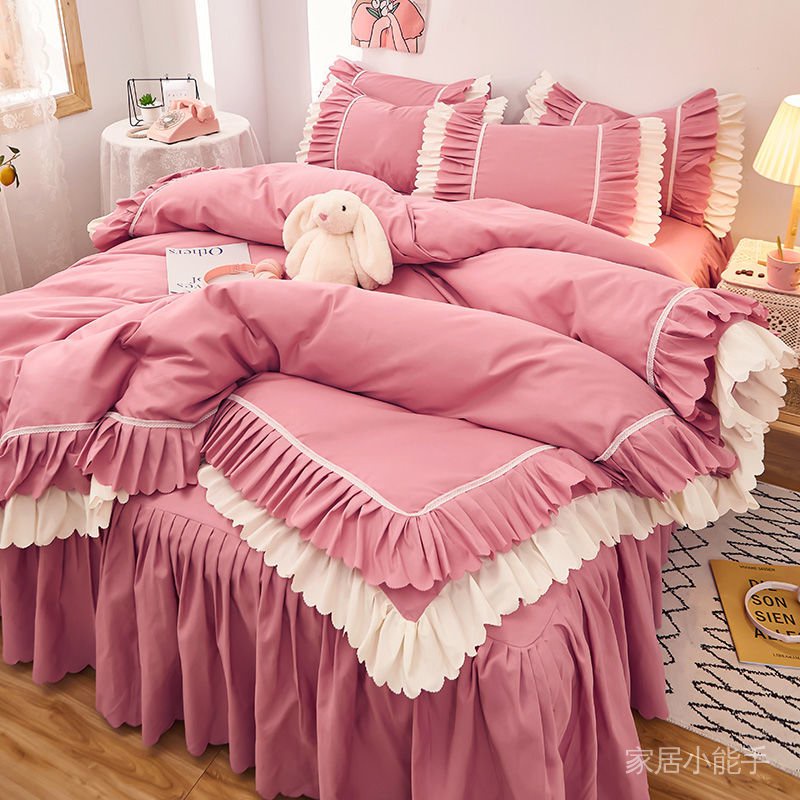 Net red girl heart bed skirt four piece set princess style bedding Korean version thickened matte quilt cover three piece bed sheet set bLpZ