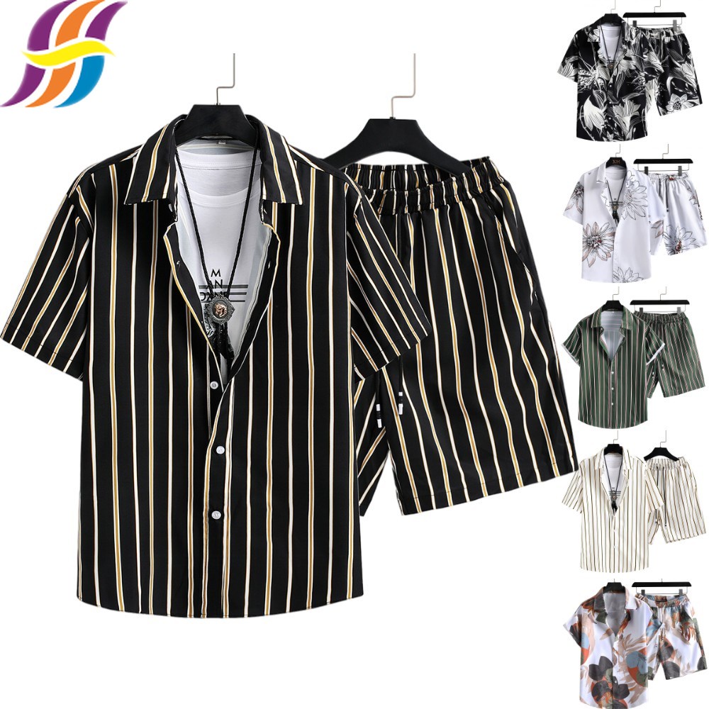 Set Đồ Đi Biển 2 Món Gồm Áo Sơ Mi Hoa + Quần Short Cài Nút Phong Cách Hawaii Cho Nam