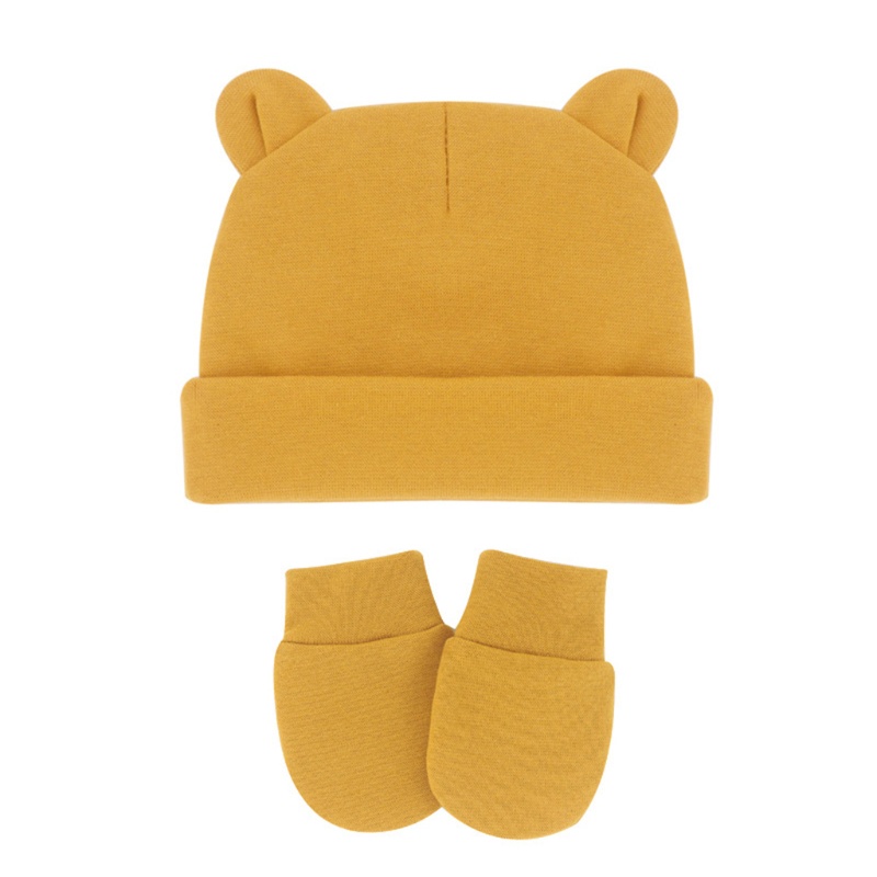 Set mũ và găng tay cotton màu trơn đáng yêu giữ ấm cho bé sơ sinh