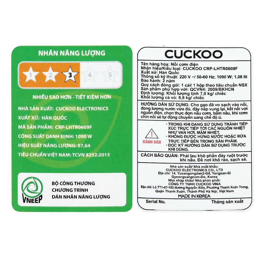 Nồi cơm cao tần Cuckoo CRP-LHTR0609F/WHSIVNCV 1.08lít 1090W công nghệ nấu điện từ IH,Chính hãng BH 2 năm,Sx tại Hàn Quốc