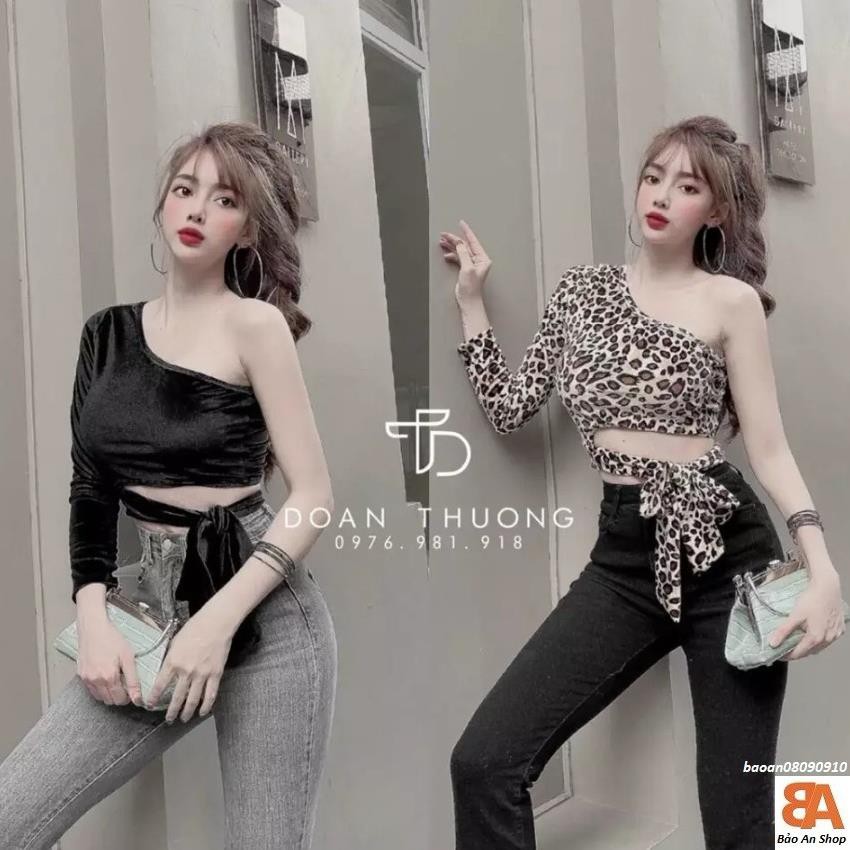 [Video Áo croptop bẹt vai tay dài phối da beo_áo thun body cột eo Đẹp