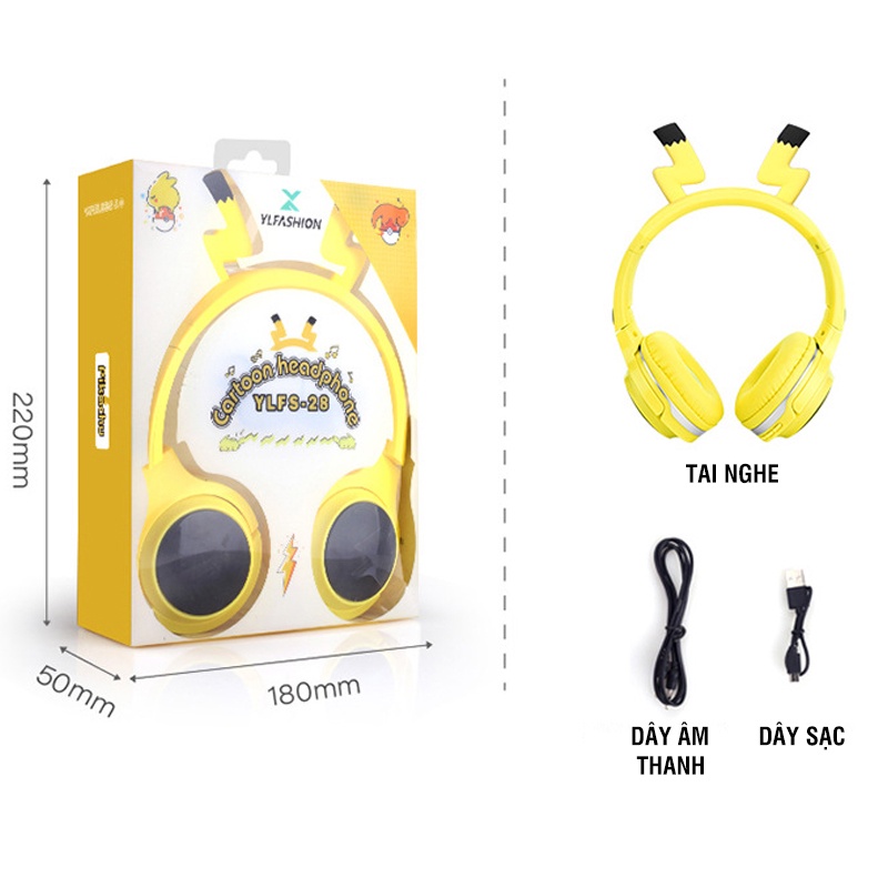TN7 - Tai nghe chụp tai bluetooth không dây Pikachu màu vàng cute dễ thương đèn LED sáng độc đáo âm thanh sống động