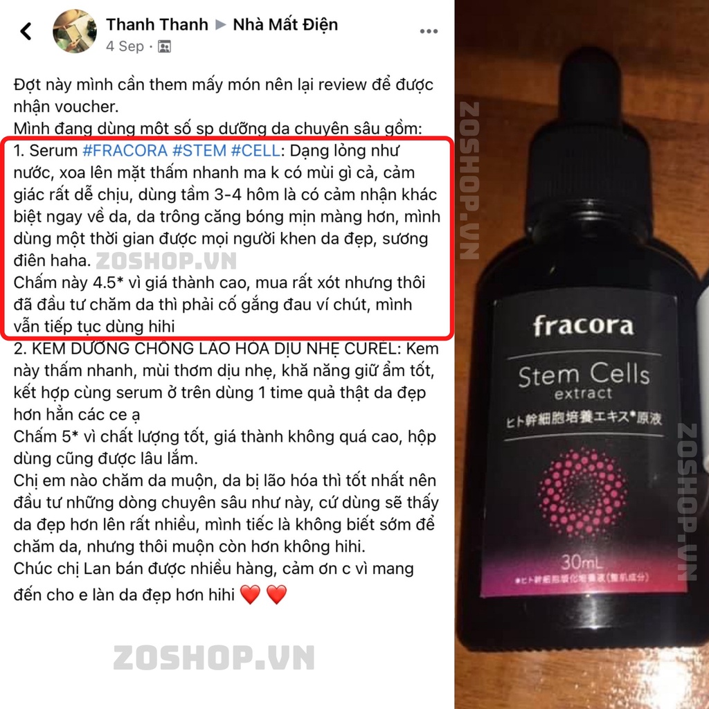 Serum Tế Bào Gốc Fracora Hitokan Nâng Cơ, Dưỡng Trắng, Căng Bóng, Phục Hồi Chuyên Sâu 30ml