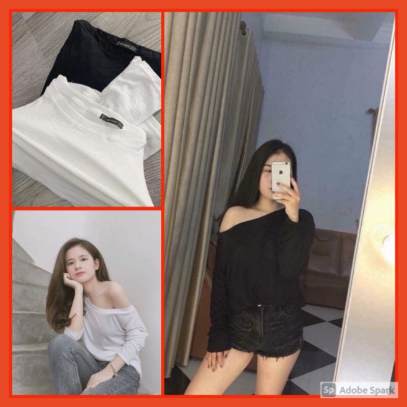 Áo Xước Trễ Vai Dài Tay NữFREESHIP Áo phông giấy mỏng dáng suông ôm