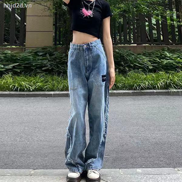 Quần vải denim ống rộng dáng dài lưng cao thời trang cho nữ