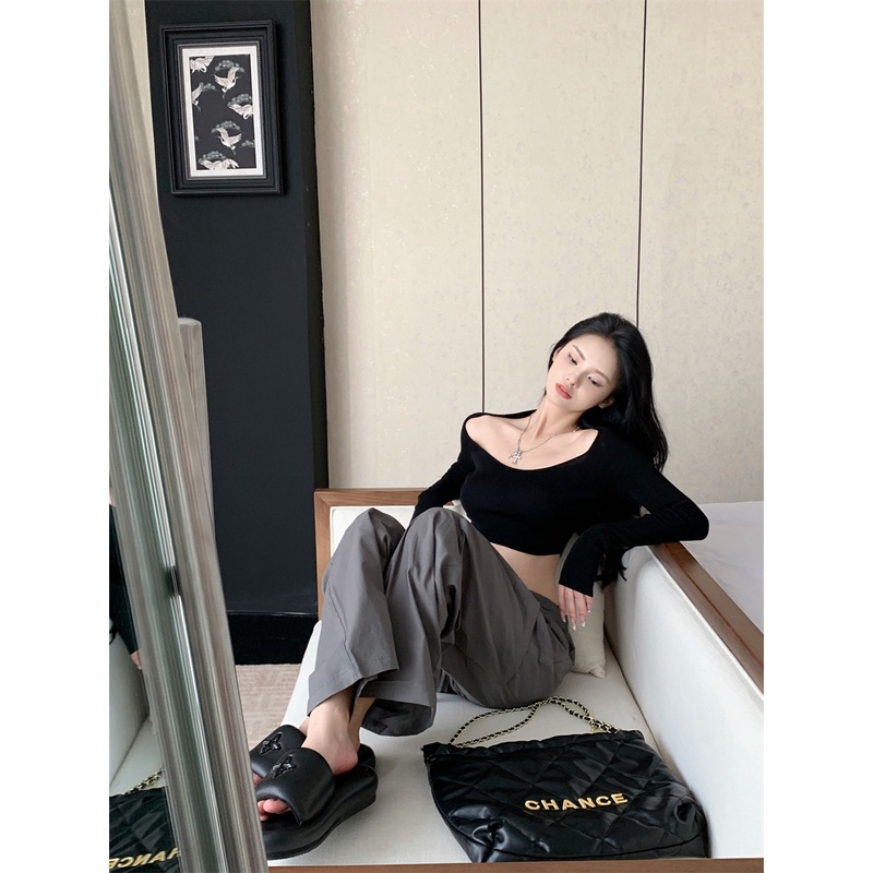 Áo dệt kim tay dài dáng ngắn phong cách Hàn Quốc thời trang quyến rũ cho nữ