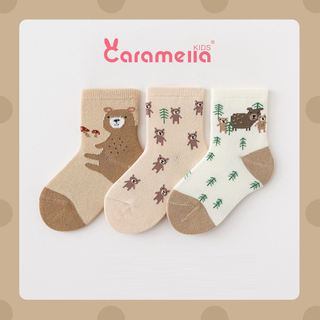 Tất Trẻ Em Caramella Set 3 Đôi Kèm Túi Zip Chủ Đề Gấu Xám