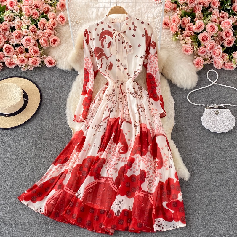 Đầm cao cấp sang trọng khí chất thắt nơ in váy đầm xoè lớn thanh lịch đủ size