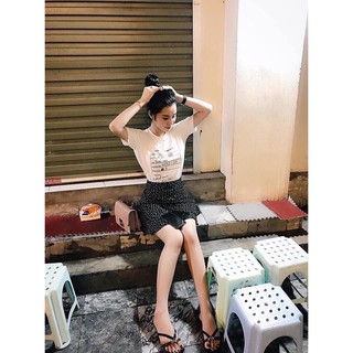Chân váy chấm bi xếp