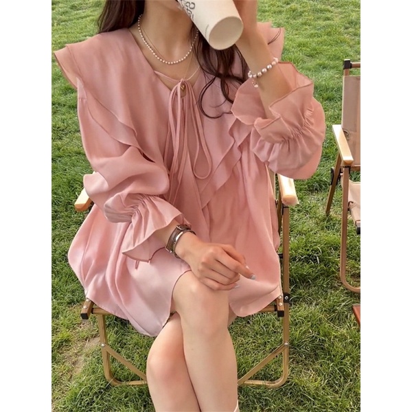 Đầm tơ hai lớp dáng babydoll, Váy tơ tay dài bánh bèo tiểu thư