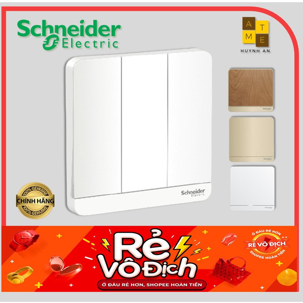 Bộ 3 Công Tắc 1 Chiều Cao Cấp Avatar On, Màu Trắng, Mạ Vàng, Gỗ Nâu, Hãng Schneider. Dùng Cho Nhà Ở/Văn Phòng