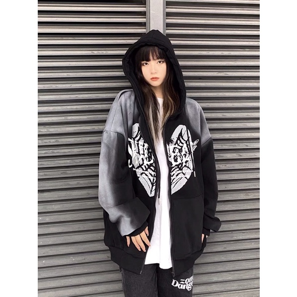 Áo khoác hoodie zip nỉ có mũ hoạ tiết phong cách retro Âu Mỹ