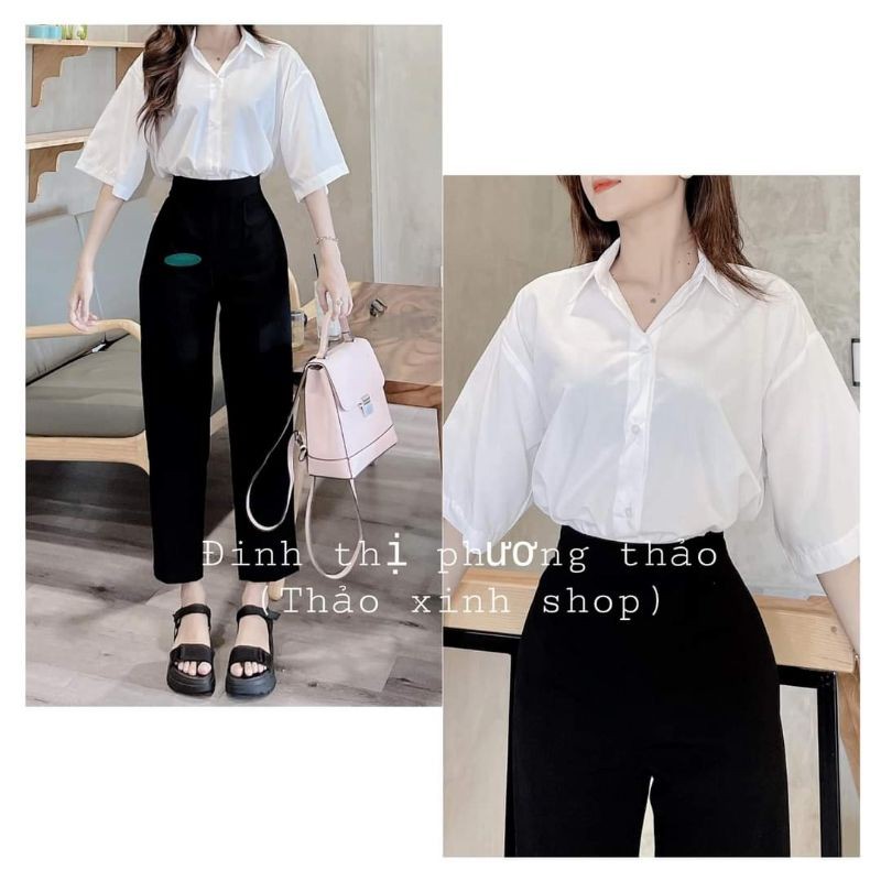 Áo sơ mi trắng cộc tay, quần baggy đen lưng chun kèm ảnh thật thảo xinh shop