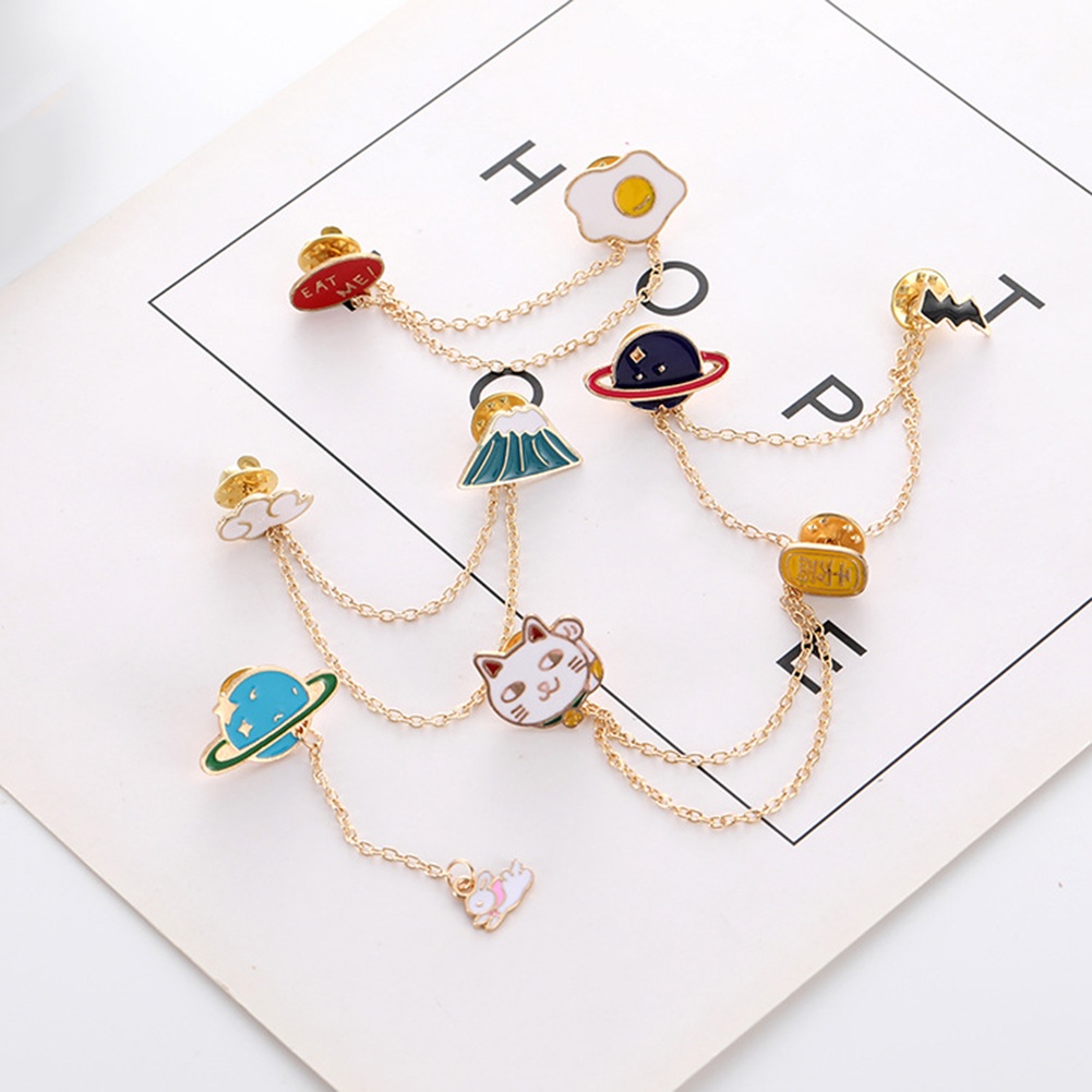 YOML✔Cute Cartoon Egg Cat Planet Rabbit Chain Brooch Pin Denim Jacket Collar Badge