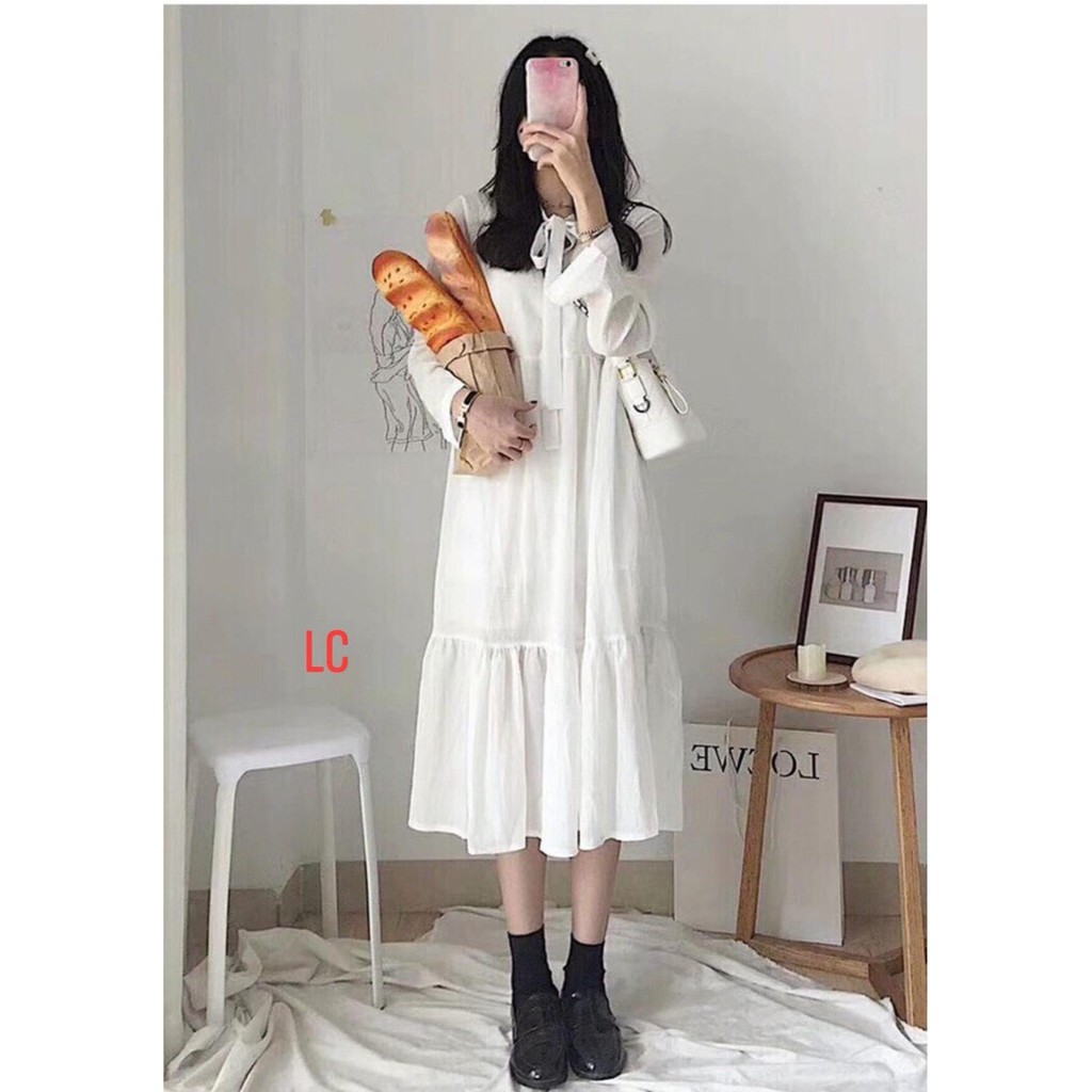 [ V09] Đầm nữ ⚡SALE LỖ LẤY ĐÁNH⚡ Váy Babydoll cổ nơ dáng suông dài màu đen trắng OBIKING