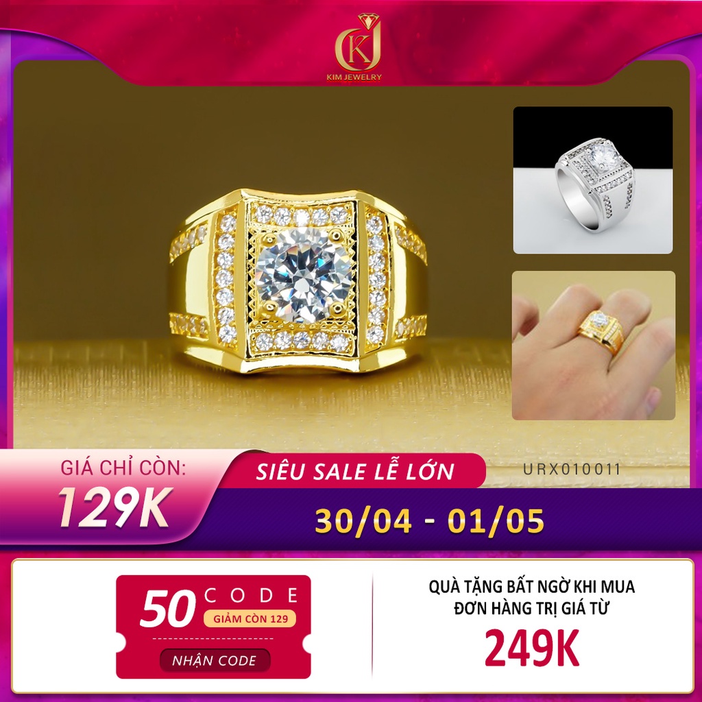 Nhẫn Nam Mặt Vuông Viền Đá Mạ Vàng 18k Kim Jewelry Viền Đính Đá Trắng, Sang Trọng Và Đẳng Cấp
