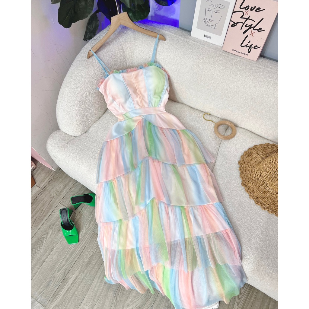Đầm maxi đi biển lưới cầu vồng - Maxi Ngọc Lan