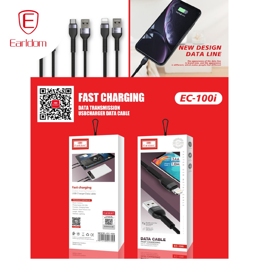 Cáp sạc bọc dù màu đen 1M/1.5M Earldom EC-100 chính hãng