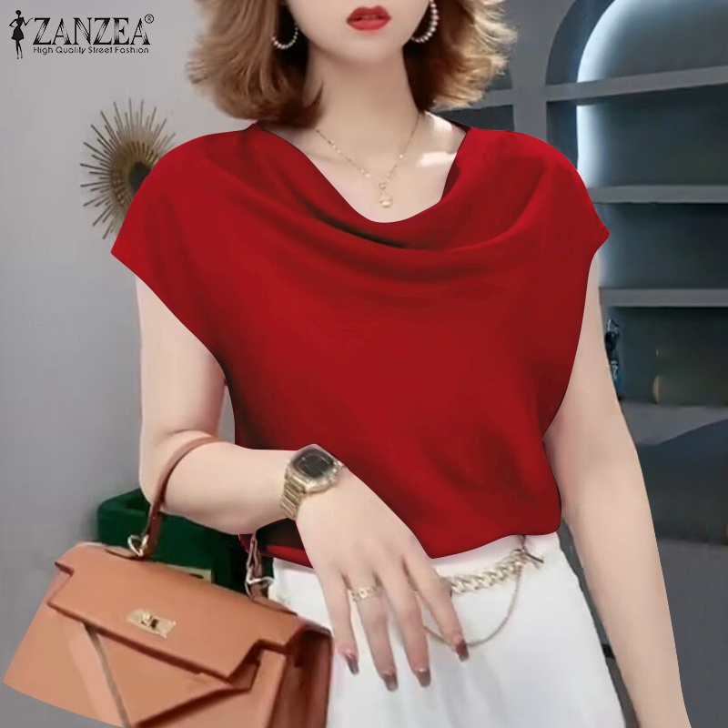 Áo kiểu ZANZEA vải satin tay ngắn màu trơn thời trang dành cho nữ