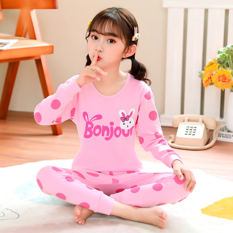 Bộ Đồ Ngủ Tay Dài Chất Cotton In Họa Tiết Hoạt Hình Thời Trang Thu Đông Xinh Xắn Cho Bé Gái 100-160cm