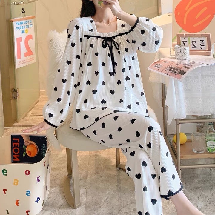 Bộ đồ ngủ tay dài cổ vuông chất liệu cotton thời trang xuân thu mới 2021 | BigBuy360 - bigbuy360.vn