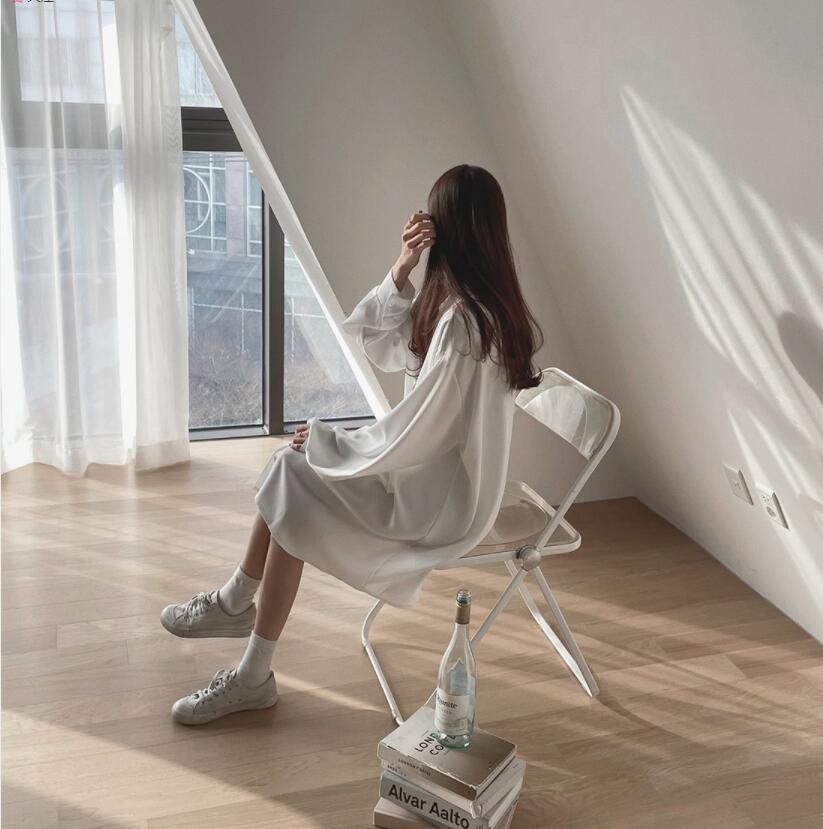 SUXI Đầm Sơ Mi Trắng Dài Tay Phong Cách Hàn Quốc Dành Cho Nữ