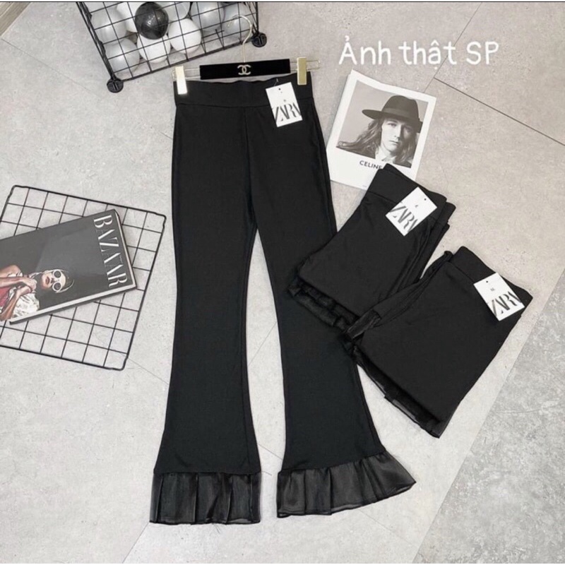 Quần ống loe lưng cao chất thun tăm ống phối ren co dãn tốt hottrend