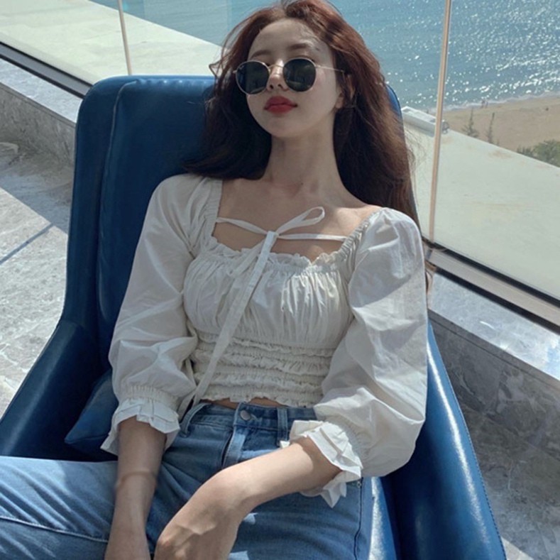 Áo croptop ulzzang điệu đà buộc dây cổ màu trắng | BigBuy360 - bigbuy360.vn