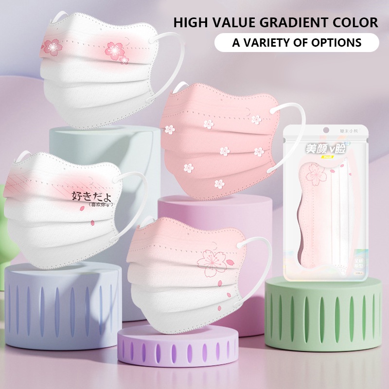 Có 10 Chiếc Dễ Thương Gradient Màu Họa Tiết Hoa In Bỏ Mặt Nạ 3d 3 Lớp Phòng Chống Mặt Nạ Người Lớn Cá Tuyết