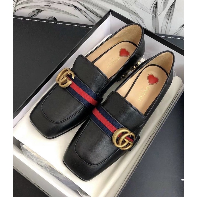 Giầy Lười Gucci Gót Ngọc Trắng Đen