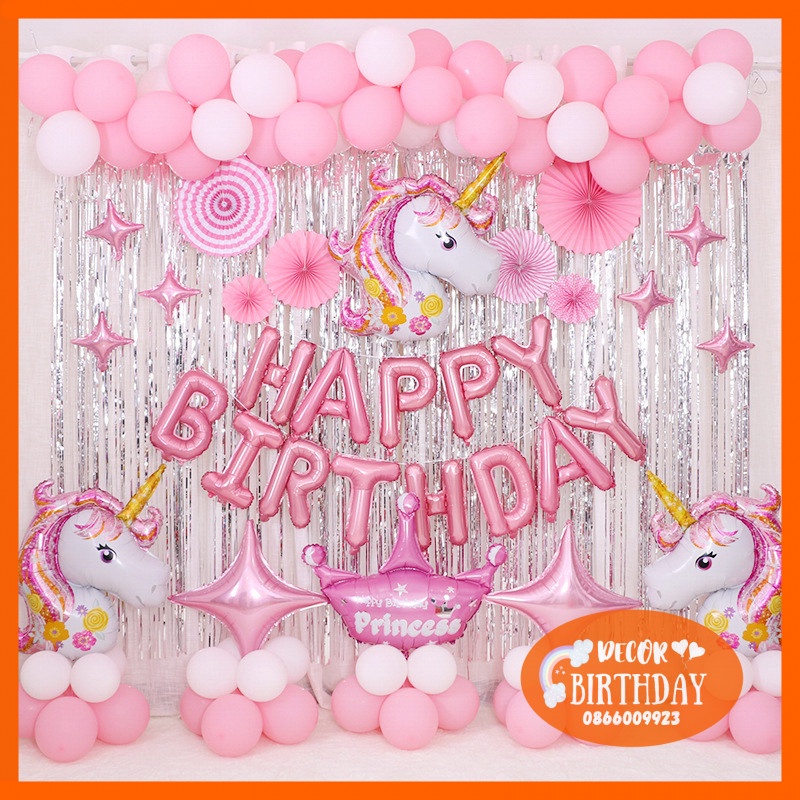 Set Trang Trí Sinh Nhật ️🦄TUỔI NGỰA🦄 Siêu Dễ Thương Cho Bé Gái, Đầy Đủ Như Hình Tặng Kèm Đồ Bơm Băng Dính