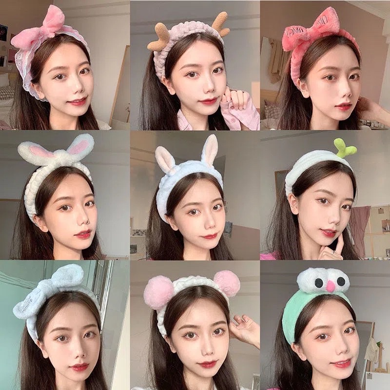 Băng đô rửa mặt cute bờm cài tóc turban dễ thương tai thỏ mèo tuần lộc gấu vải nhung nơ cho bé gái nam nữ nhiều màu