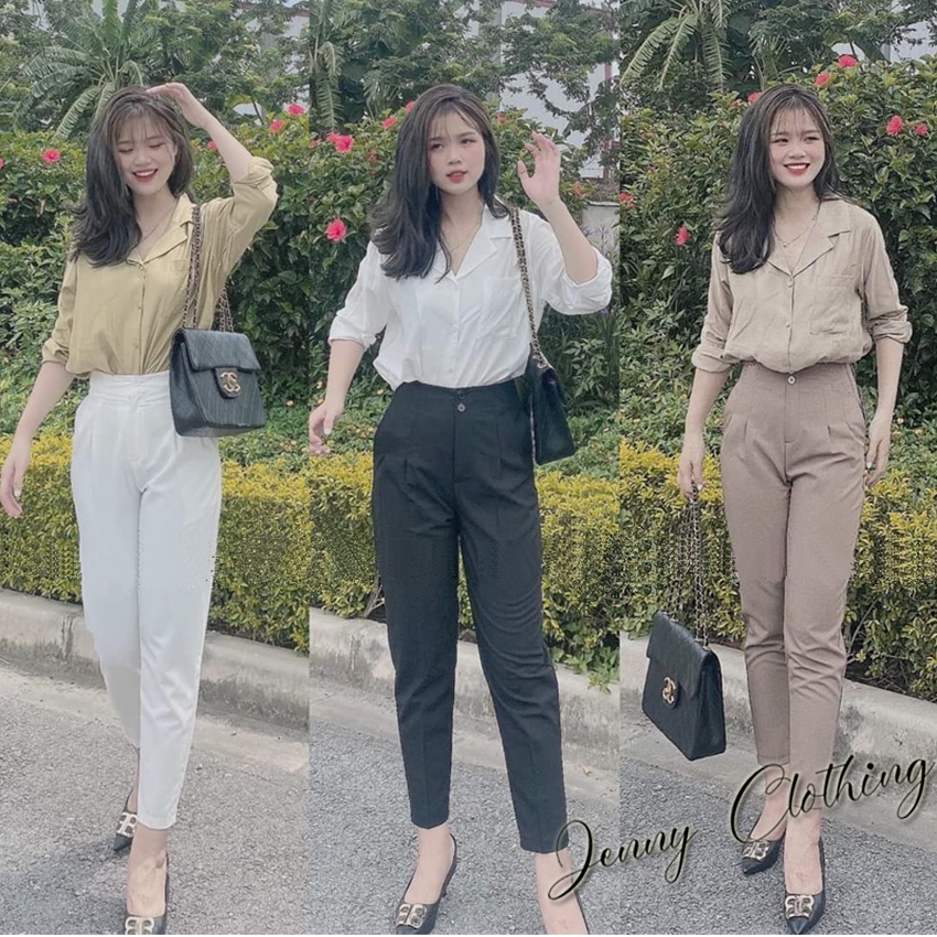 Quần tây công sở cạp liền lưng cao 2 khuy xếp ly màu trắng đen ống đứng dài quần baggy nữ vải mưa mặc đi học làm công sở
