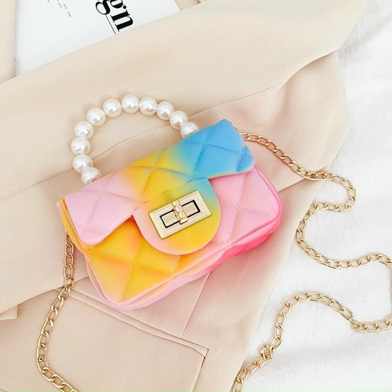 Túi mini đeo chéo silicon càu vồng có quai ngọc và dây xích đeo chéo
