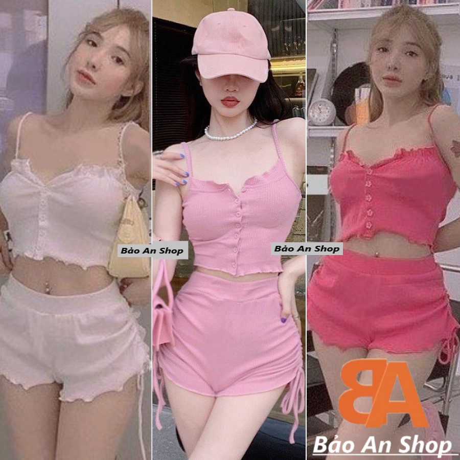 Sét bộ nữ áo 2 dây phối nút phối quần rút dây