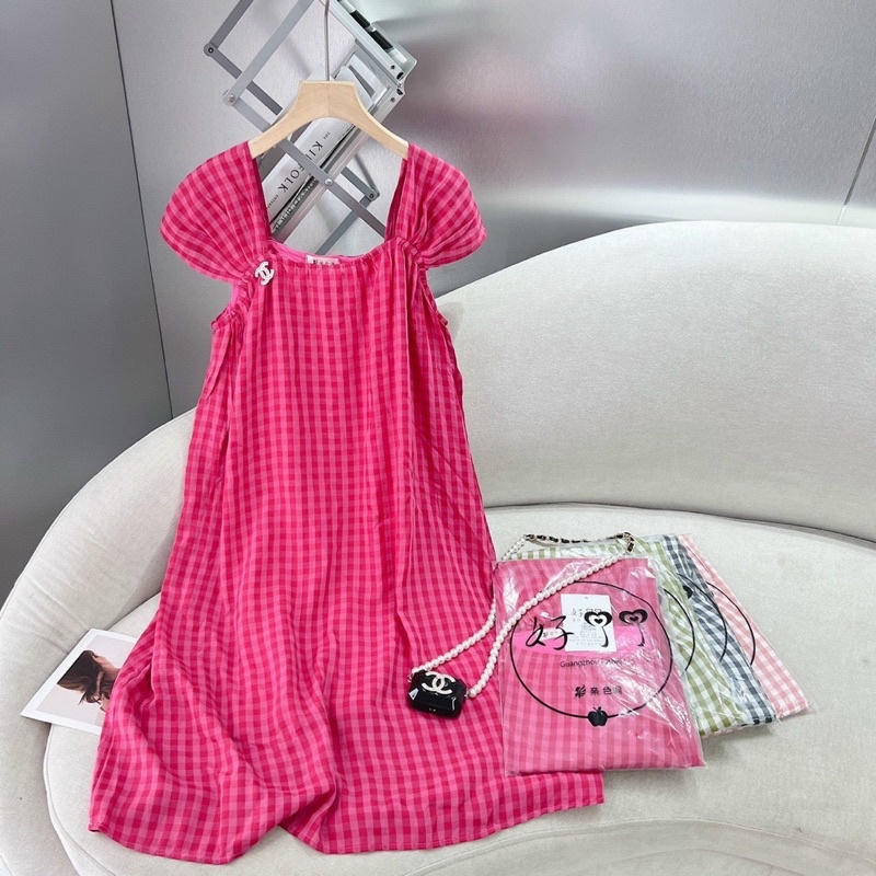 Đầm hai dây bản to hoạ tiết kẻ ô dáng suông, Váy hai dây bản to chất đũi dáng dài maxi