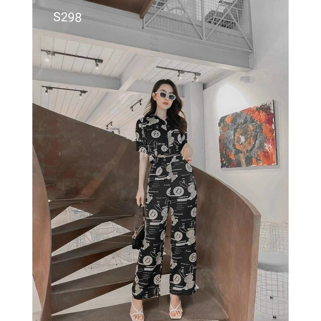 Sét bộ chữ D phối hình con thỏ siêu cute 2 màu đen và trắng dáng áo croptop quần dài dành cho các nàng đi dạo phố