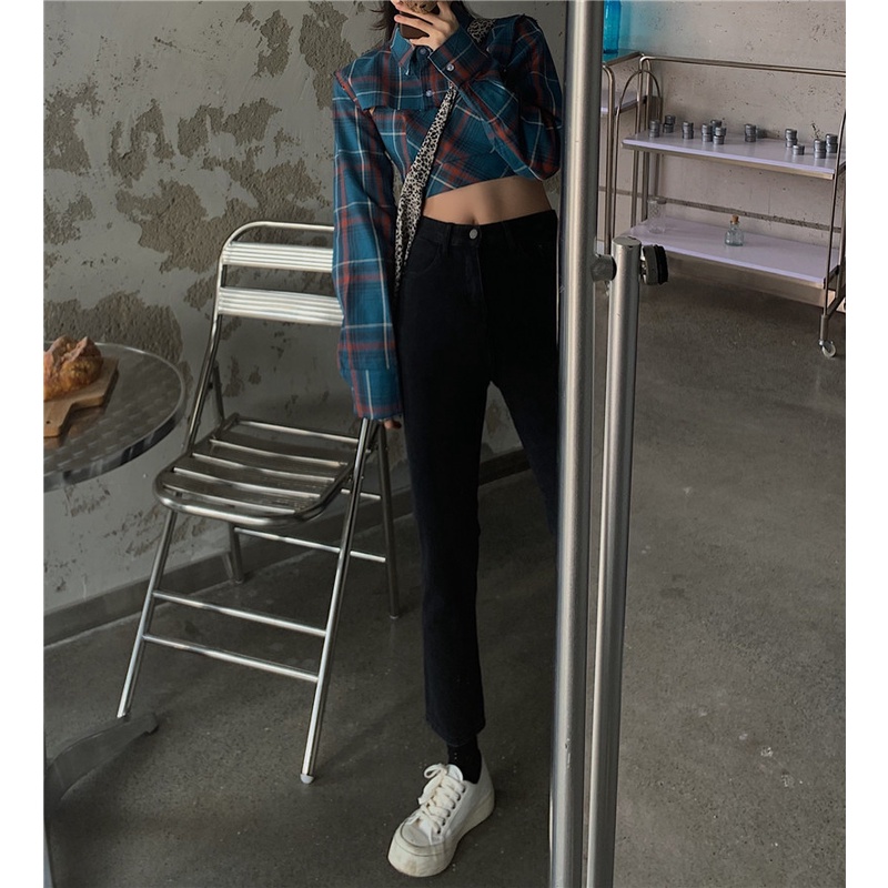 Xiaozhainv Quần jean nữ ống đứng lưng cao màu đen phong cách Hàn Quốc | WebRaoVat - webraovat.net.vn