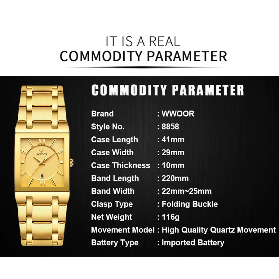 Đồng Hồ Nam WWOOR HALEI Mặt Vuông Nổi Bật, Dây Thép Không Ghỉ, Chống Nước Sinh Hoạt