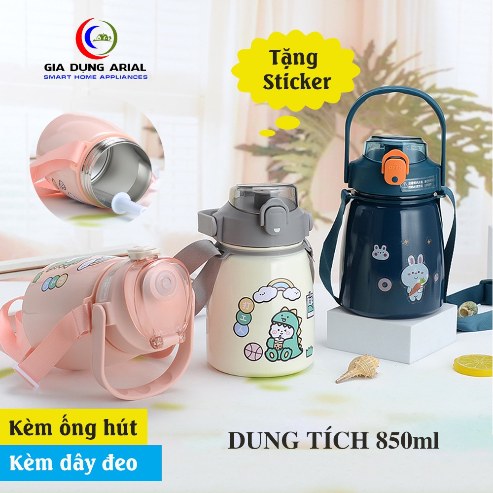 Bình Nước Giữ Nhiệt Cao Cấp Dung Tích 850ML Chất Liệu Inox 304 Có Ống Hút Và Dây Đeo Tặng Kèm Sticker Dễ Thương