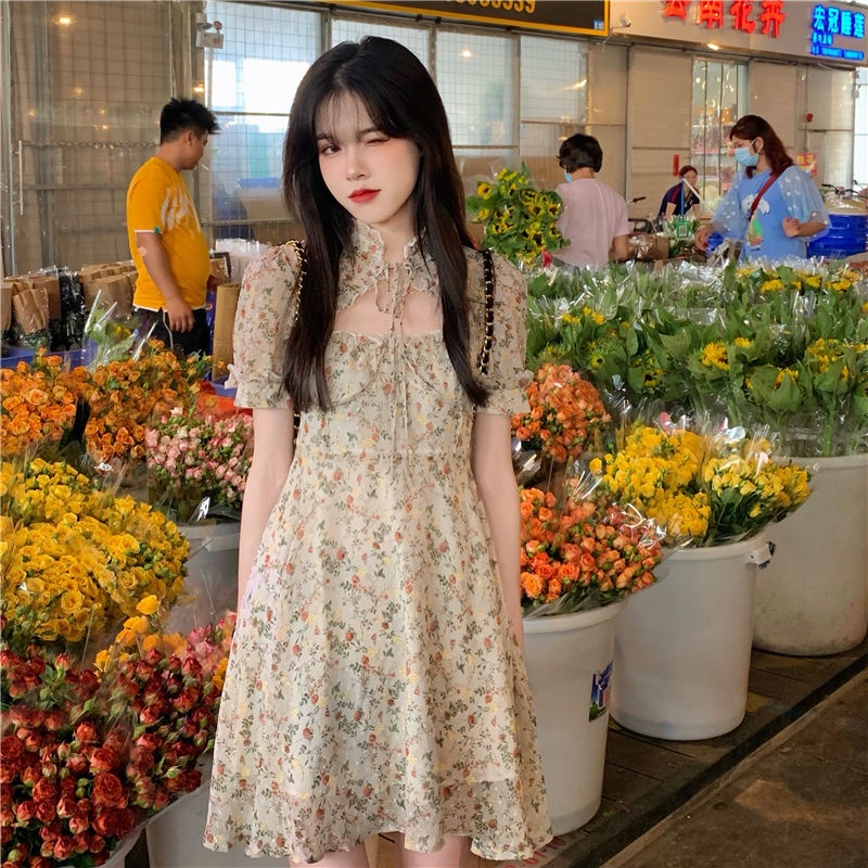 AMOI Đầm Voan Dáng Rộng In Họa Tiết Hoa Phối Dây Cột Thời Trang Retro Xinh Xắn Cho Nữ 2022