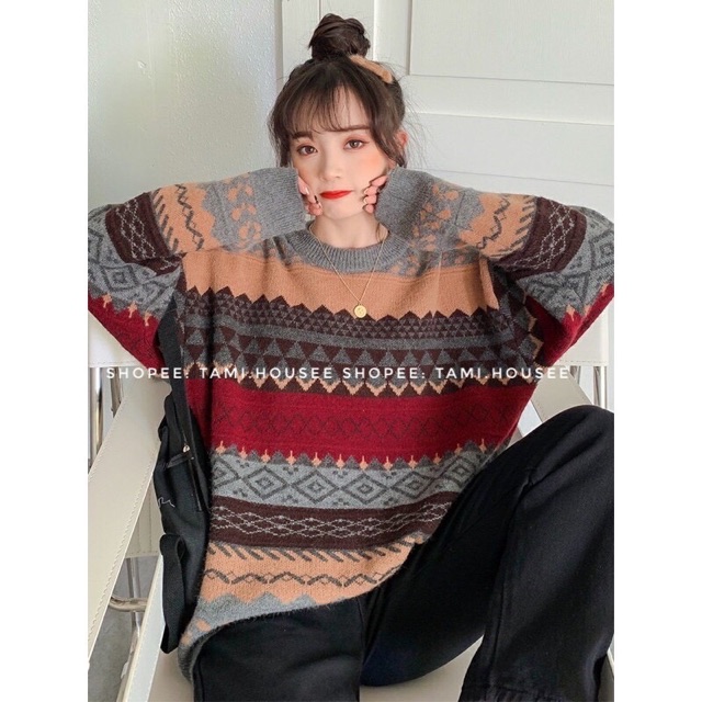 Áo len thổ cẩm QC oversize ( Sẵn/ Có ảnh cận chất )