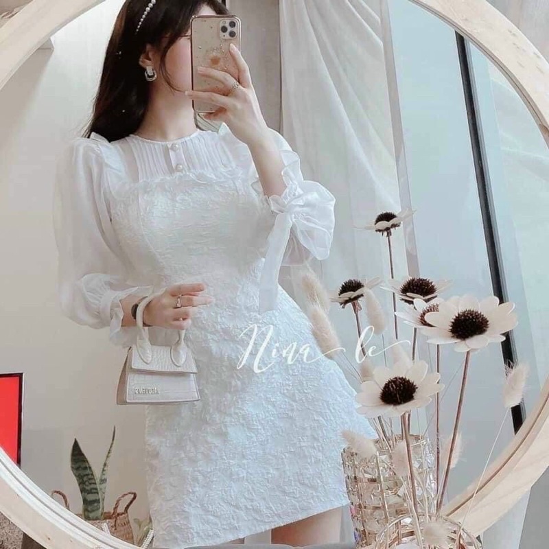 Đầm gấm cổ voan xếp ly tay phồng