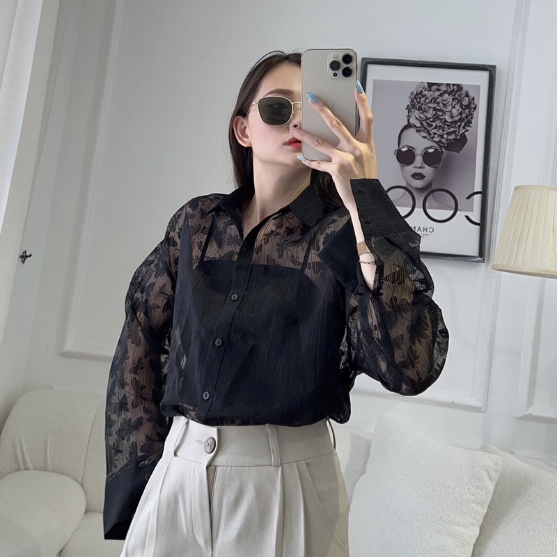 Áo sơ mi nữ form rộng tay dài hàng thiết kế Huien Design phong cách Hàn Quốc, áo sơ mi ren tiểu thư nhẹ nhàng nữ tính